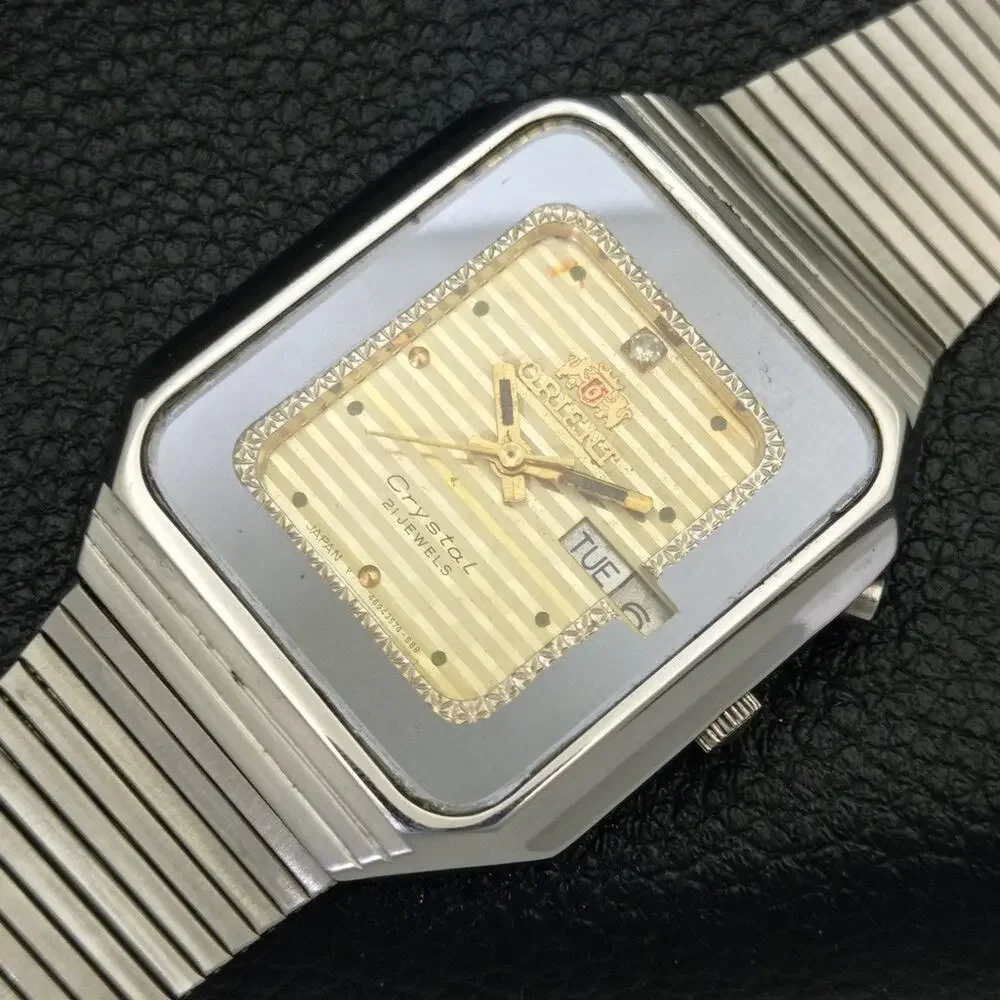 Vintage 1979 Square Orient Automatic Mens Silver Watch W/daydate & Gold accents